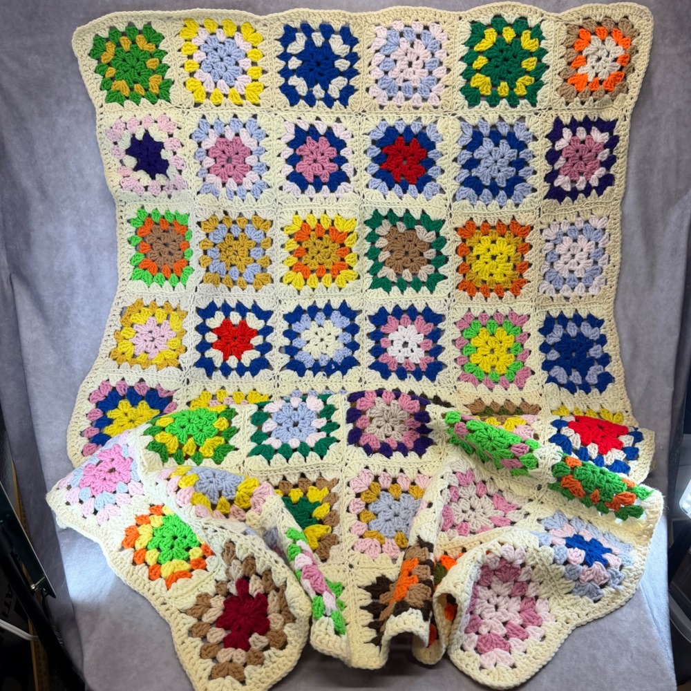 Crochet Granny Square Throw Blanket Unisex 27x35 Multi-Color Boho